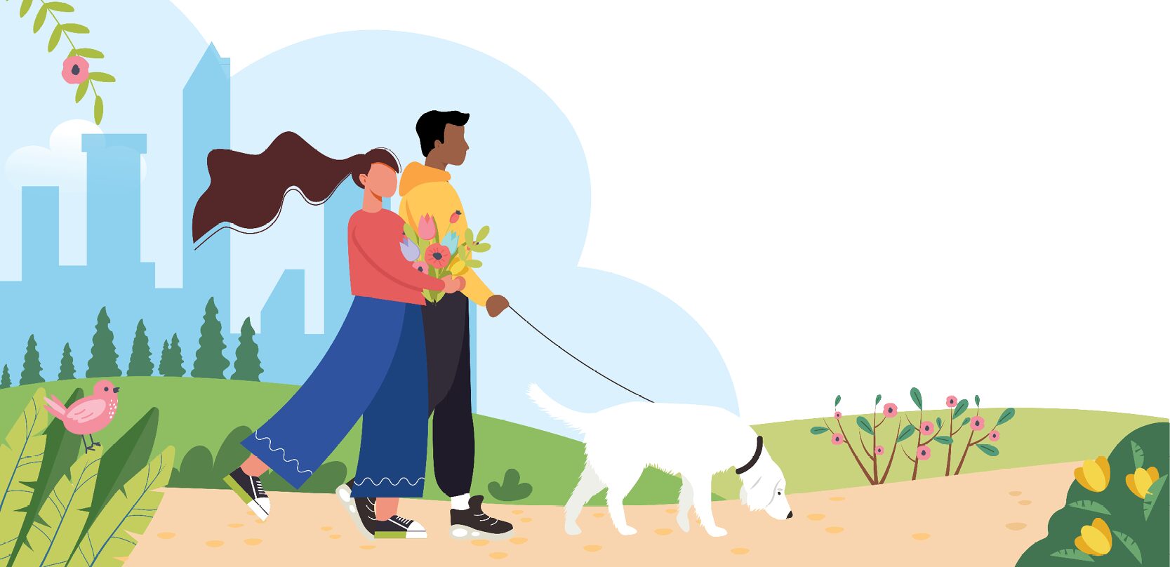 Cartoon man and woman walking their dog in a park during the springtime.