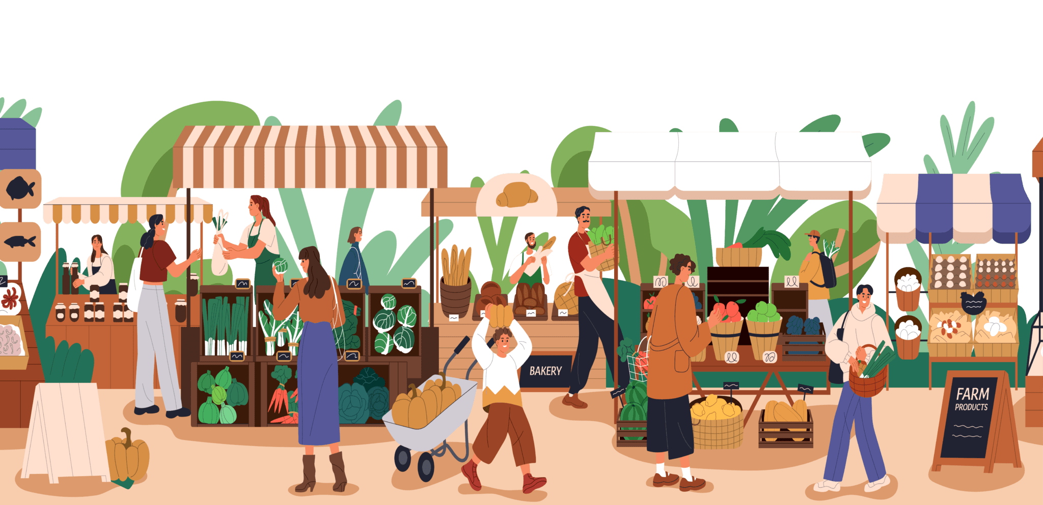 Illustration of a busy farmer's market.