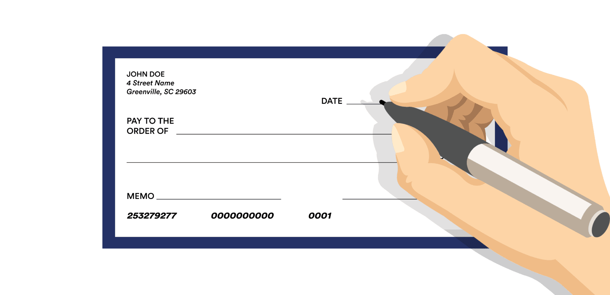 Illustration of a hand holding a pen, preparing to fill out a check.