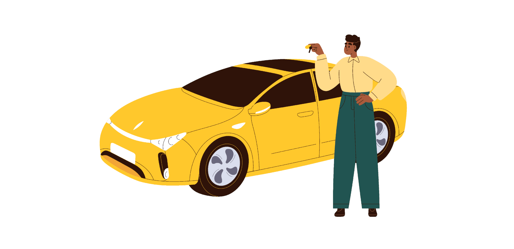 Illustration of a man holding keys and standing in front of a car.